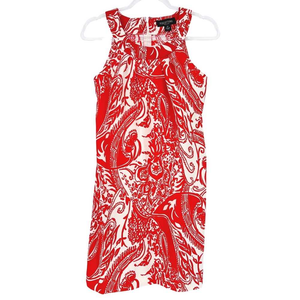 Perceptions Petite Shift Dress Womens 4P Red White Paisley Halter Neck Career